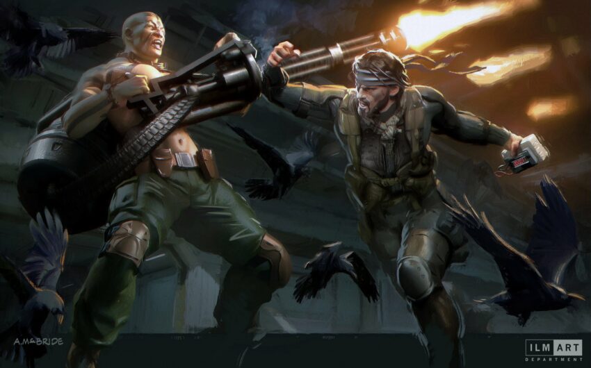 Concept art de Aaron McBride pour le film Metal Gear Solid réalisé par Jordan Vogt-Roberts présentant Snake contre Vulcan Raven