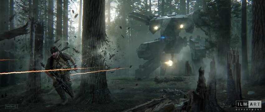 Concept art de Brett Northcuttand pour le film Metal Gear Solid réalisé par Jordan Vogt-Roberts présentant Snake mitraillé par un Metal Gear en forêt