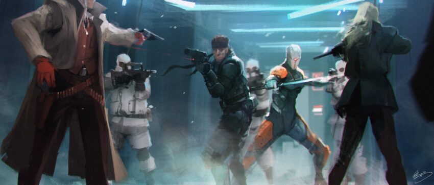 Concept art de Lap Pun Cheung pour le film Metal Gear Solid réalisé par Jordan Vogt-Roberts présentant Solid Snake et Grey Fox face à Revolver Ocelot et Sniper Wolf
