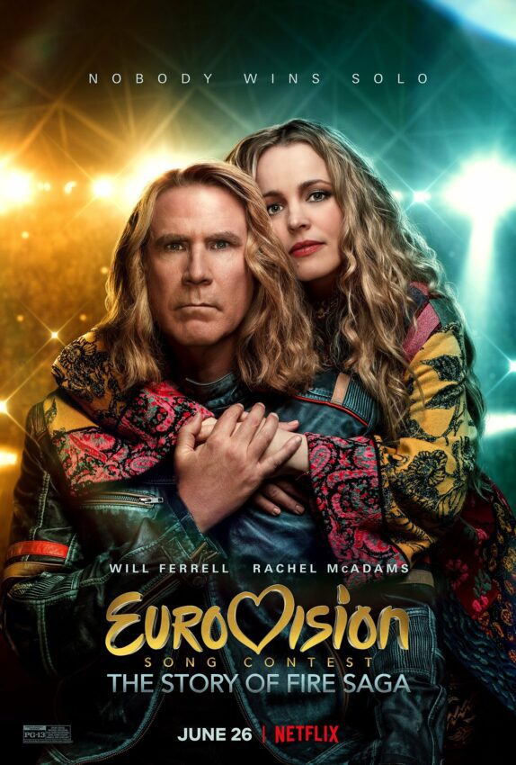 Poster du film Netflix, Eurovision Song Contest: The Story of Fire Saga, avec Will Ferrell et Rachel McAdams