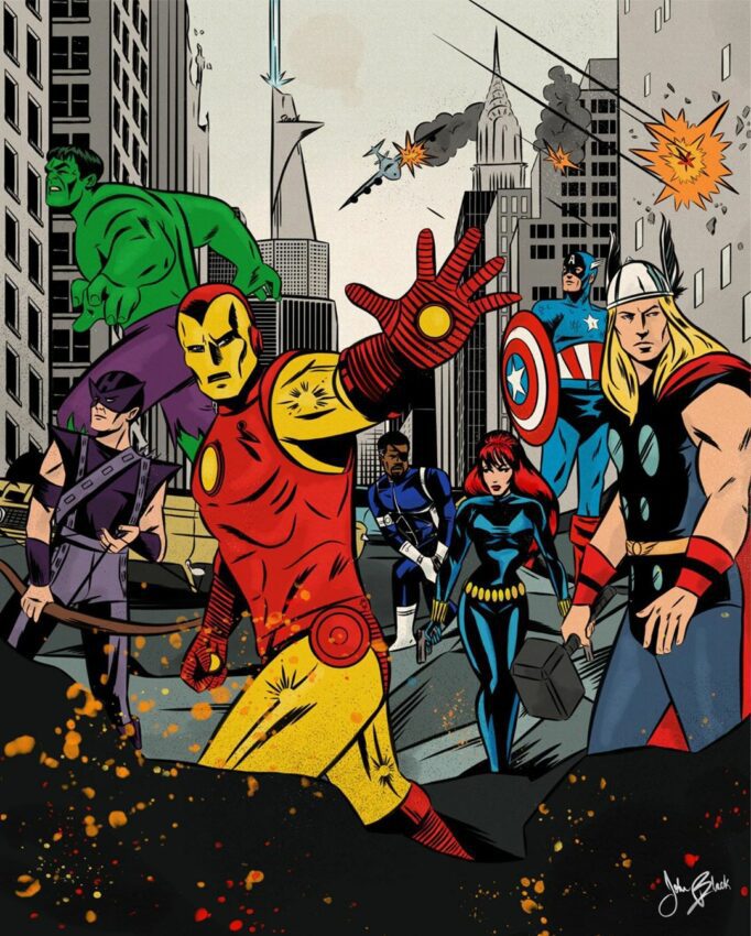 Poster du film Marvel, Avengers, revisité par John Black