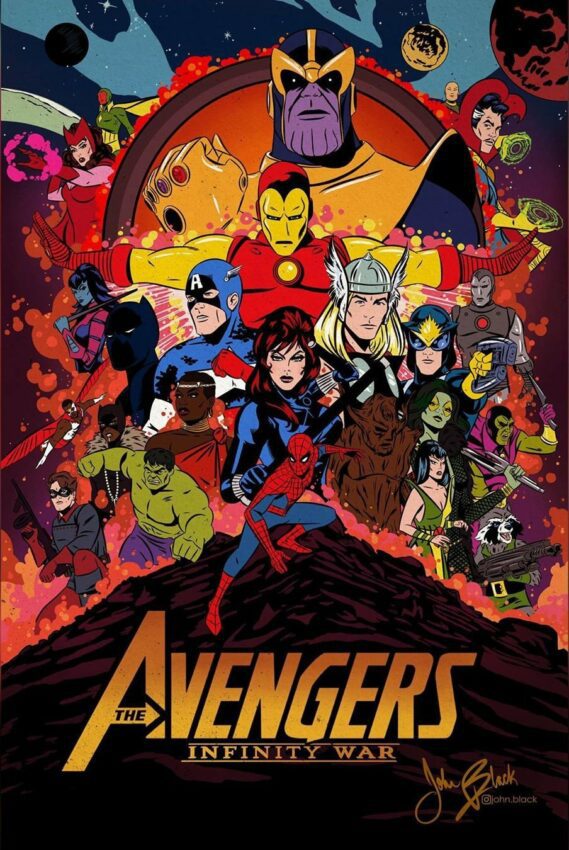 Poster du film Marvel, Avengers: Infinity War, revisité par John Black