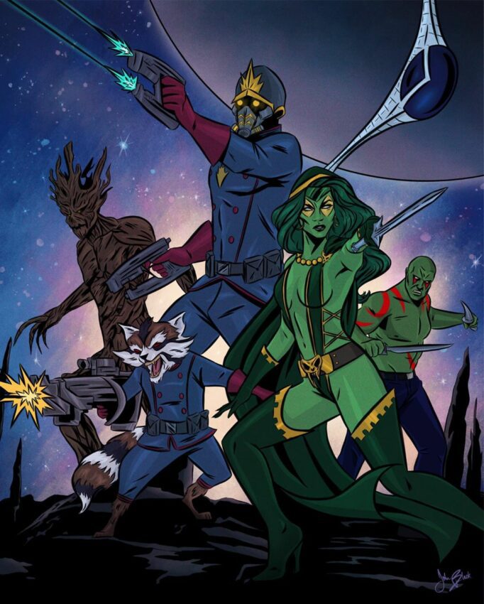 Poster du film Marvel, Les Gardiens de la Galaxie, revisité par John Black