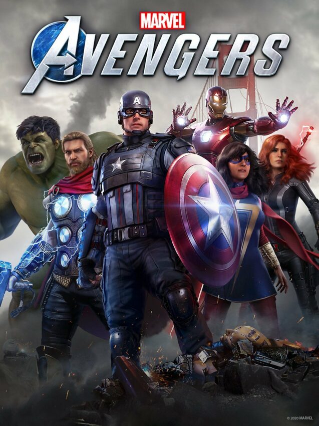 Poster du jeu vidéo Marvel's Avengers avec Hulk, Thor, Captain America, Iron Man, Miss Marvel et Black Widow