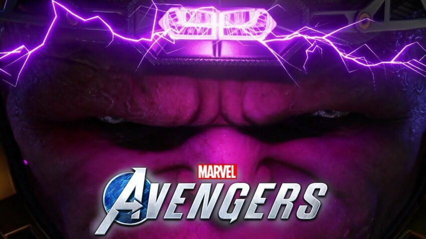 Bannière "La menace de MODOK" pour le jeu vidéo Marvel's Avengers avec Hulk, Thor, Captain America, Iron Man, Miss Marvel et Black Widow