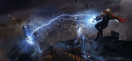 Concept art du jeu vidéo Marvel's Avengers présentant Thor en train de remettre l'héliporteur à flot
