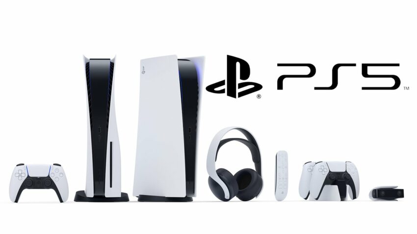 Image de la console de Sony, la PlayStation 5, avec ses accessoires