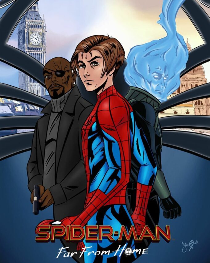 Poster du film Marvel, Spider-Man: Far From Home, revisité par John Black