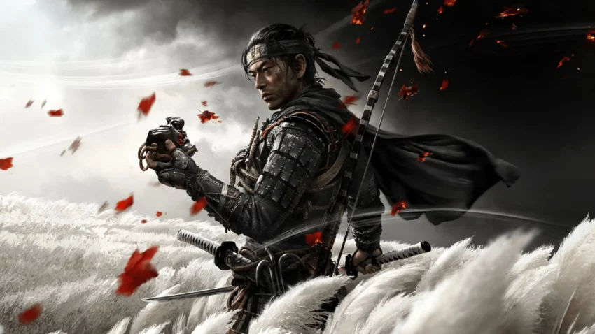 Bannière du jeu vidéo Ghost of Tsushima développé par Sucker Punch et édité par Sony.