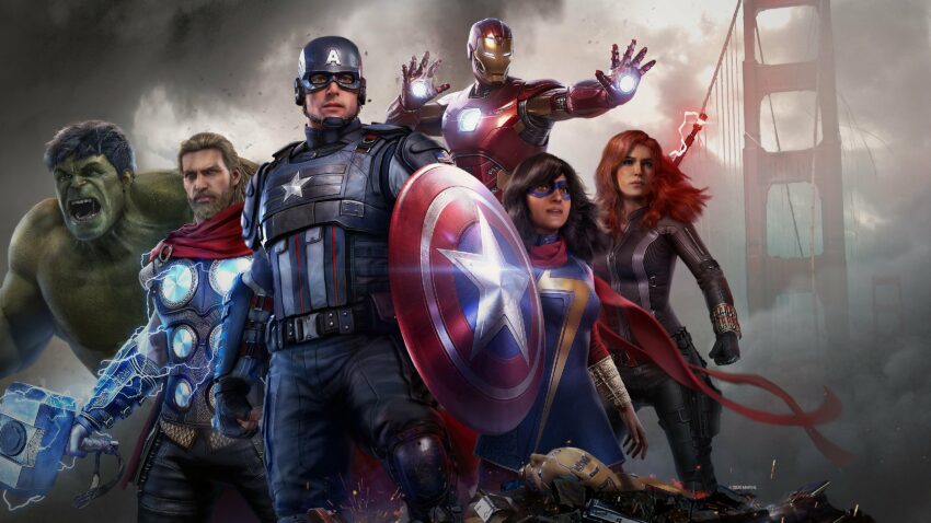 Bannière du jeu vidéo Marvel's Avengers édité par Square Enix et développé par Crystal Dynamics, Eidos Montréal, Nixxes Software et Crystal Northwest