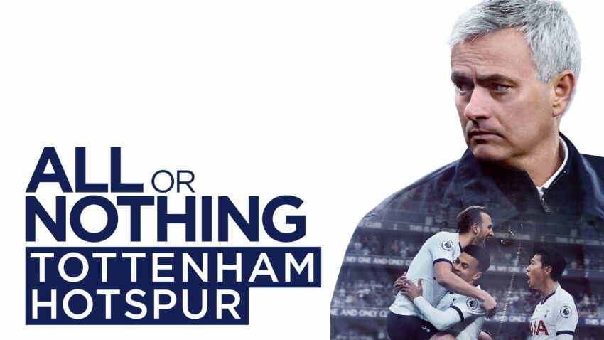 Bannière de la série Amazon Prime Video, All or Nothing: Tottenham Hotspur, avec José Mourinho, Dele Alli, Harry Kane et Heung-Min Son