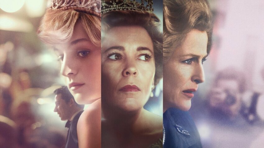 Bannière de la quatrième saison de la série Netflix, The Crown, avec Emma Corrin, Josh O'Connor, Olivia Colman et Gillian Anderson