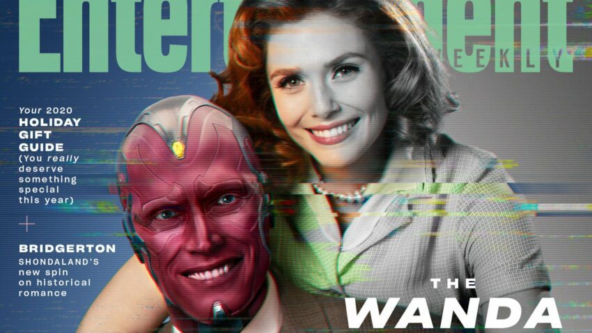 Bannière de la couverture du magazine EW avec la série Marvel Studios prévue sur Disney+, WandaVision, avec Paul Bettany (Vision) et Elizabeth Olsen (Wanda Maximoff)