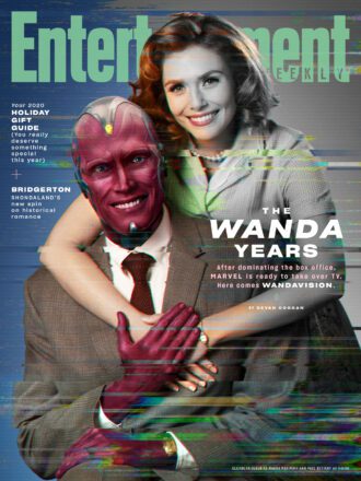 Couverture du magazine EW avec la série Marvel Studios prévue sur Disney+, WandaVision, avec Paul Bettany (Vision) et Elizabeth Olsen (Wanda Maximoff)