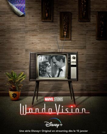 Affiche télévision pour la série Marvel Studios prévue sur Disney+, WandaVision, avec Elizabeth Olsen et Paul Bettany