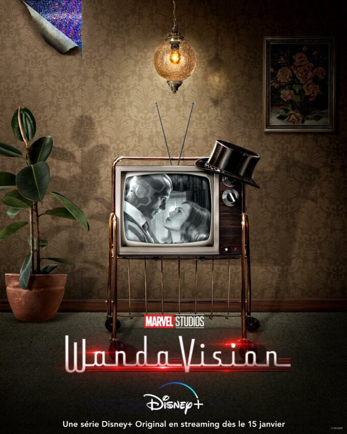 Deuxième affiche télévision pour la série Marvel Studios prévue sur Disney+, WandaVision, avec Elizabeth Olsen et Paul Bettany