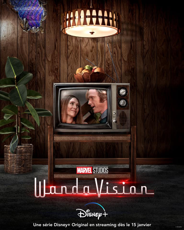 Troisième affiche télévision pour la série Marvel Studios prévue sur Disney+, WandaVision, avec Elizabeth Olsen et Paul Bettany