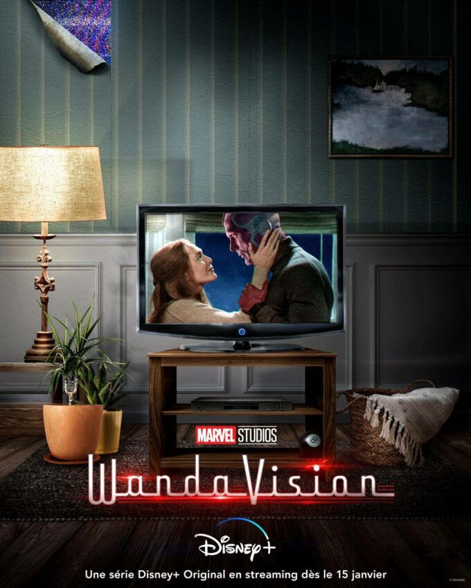 Sixième affiche télévision pour la série Marvel Studios prévue sur Disney+, WandaVision, avec Elizabeth Olsen et Paul Bettany