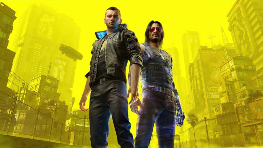 Bannière du jeu vidéo de CD Projekt, Cyberpunk 2077, avec V et Johnny Silverhand (Keanu Reeves)