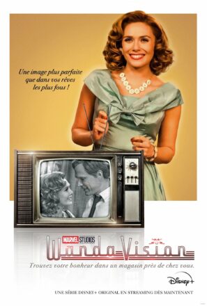 Affiche façon publicité vintage pour la série Marvel Studios prévue sur Disney+, WandaVision, avec Elizabeth Olsen (Wanda Maximoff / Scarlet Witch)