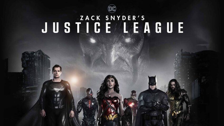 Bannière du film Zack Snyder’s Justice League avec Henry Cavill, Ben Affleck, Gal Gadot, Jason Momoa, Ezra Miller et Ray Fisher