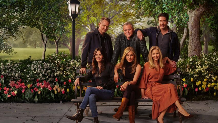 Bannière de l'émission Friends: The Reunion avec David Schwimmer, Lisa Kudrow, Jennifer Aniston, Matt LeBlanc, Courteney Cox et Matthew Perry