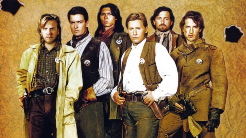 Bannière du film Young Guns (1988) avec Emilio Estevez, Kiefer Sutherland, Lou Diamond Phillips, Casey Siemaszko, Dermot Mulroney et Charlie Sheen