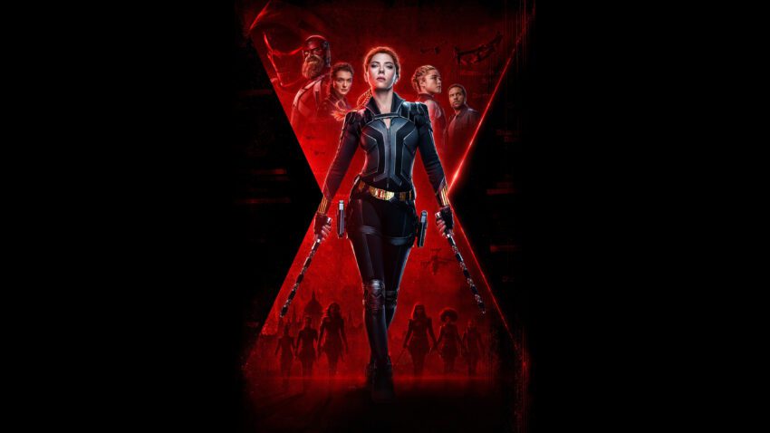 Bannière pour le film Black Widow réalisé par Cate Shortland, d’après un scénario de Ned Benson et Jac Schaeffer, avec Scarlett Johansson, Florence Pugh, Rachel Weisz et David Harbour
