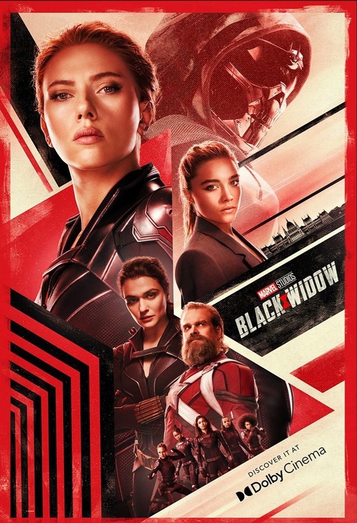 Poster Dolby Cinema pour le film Black Widow réalisé par Cate Shortland, d’après un scénario de Ned Benson et Jac Schaeffer, avec Scarlett Johansson, Florence Pugh, Rachel Weisz et David Harbour