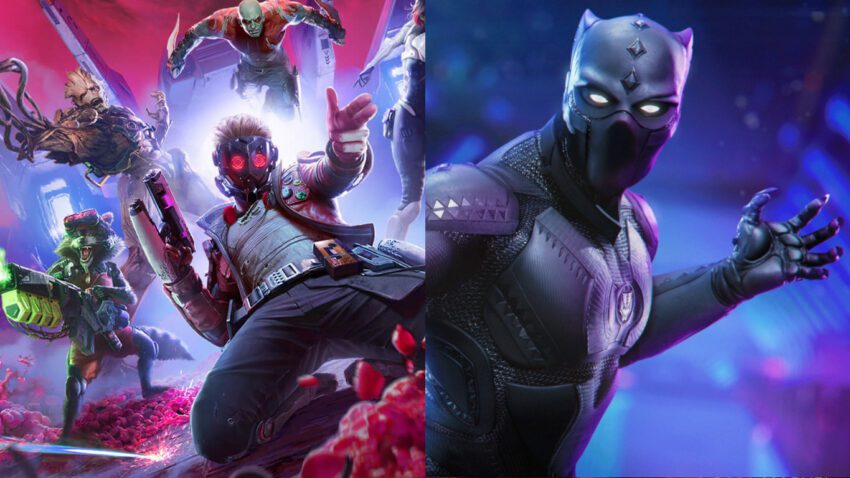 Bannière des jeux vidéo Marvel's Guardians of the Galaxy et l'extension Black Panther pour Marvel's Avengers