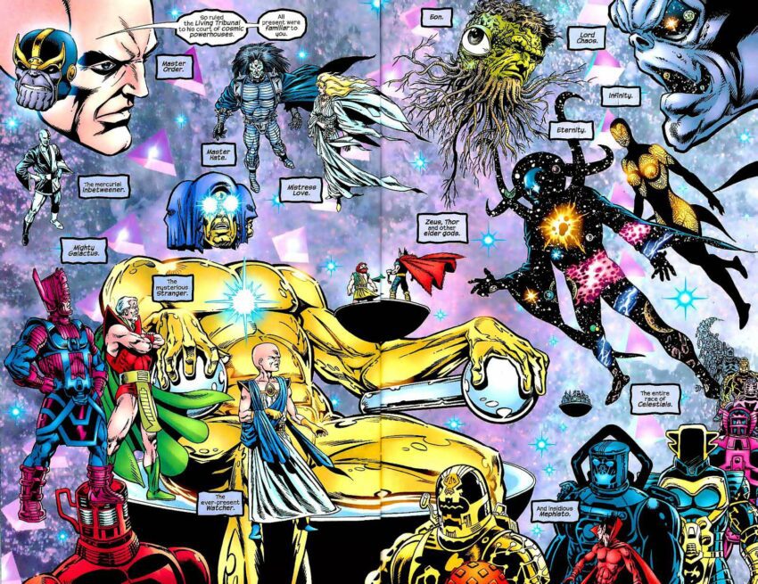 Image du Tribunal Vivant avec d'autres entités cosmiques d'une page d'un comic Marvel