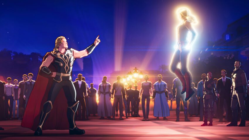Photo de l'épisode 7 de la série Marvel Studios pour Disney+, What If...?, avec Thor et Captain Marvel