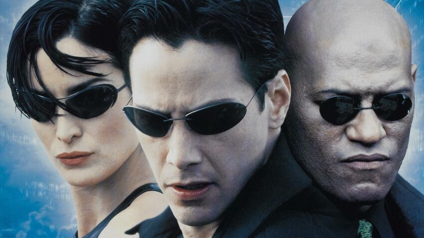 Bannière du film Matrix réalisé par les Wachowski avec Keanu Reeves, Laurence Fishburne et Carrie-Anne Moss