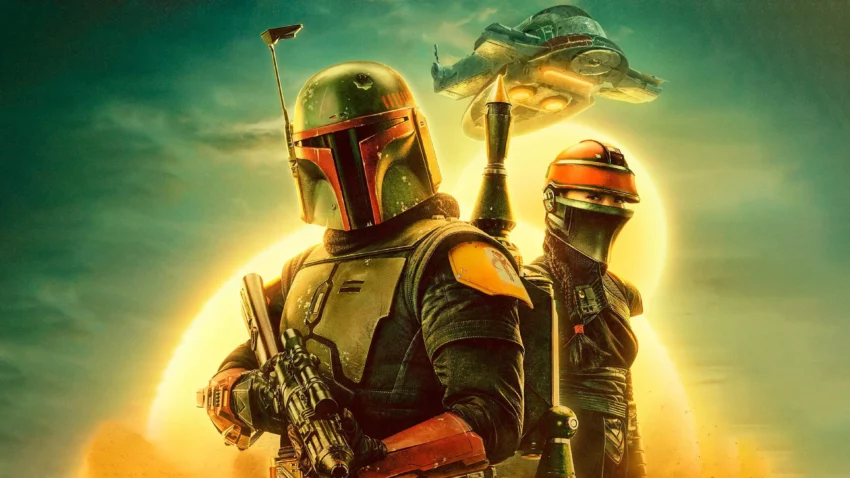 Bannière de la série Le Livre de Boba Fett créée par Jon Favreau avec Temuera Morrison et Ming-Na Wen.