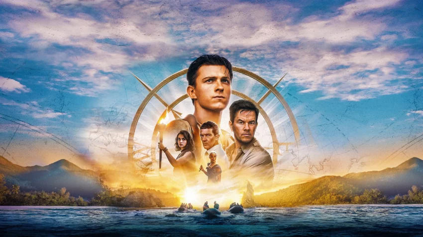 Bannière du film Uncharted réalisé par Ruben Fleischer avec Tom Holland, Mark Wahlberg, Antonio Banderas, Sophia Ali et Tati Gabrielle.