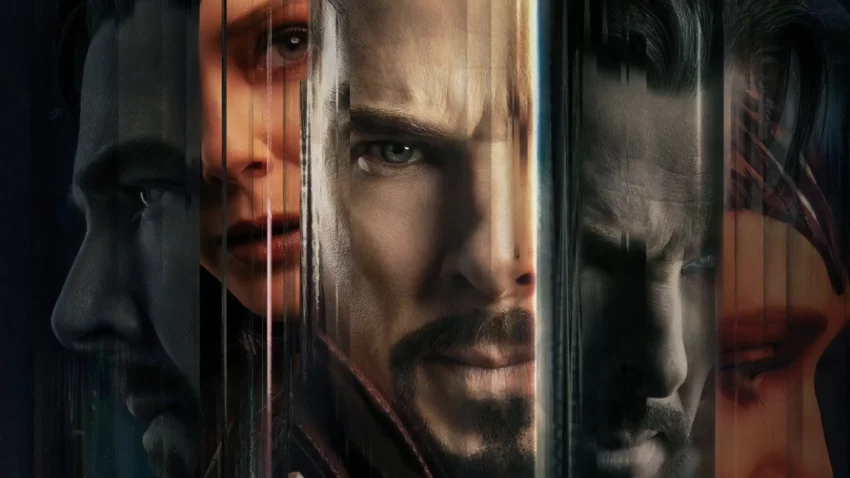 Bannière du film Doctor Strange in the Multiverse of Madness réalisé par Sam Raimi avec Benedict Cumberbatch et Elizabeth Olsen.