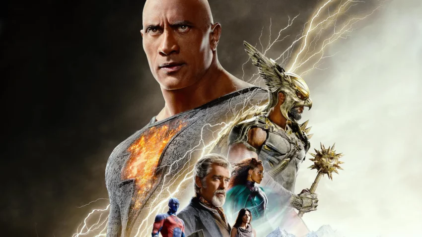 Bannière du film Black Adam réalisé par Jaume Collet-Serra, d’après un scénario de Adam Sztykiel et Rory Haines & Sohrab Noshirvani, avec Dwayne Johnson, Aldis Hodge, Noah Centineo, Sarah Shahi et Pierce Brosnan.