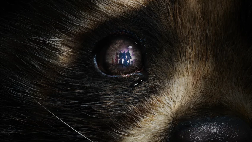 Bannière du film Les Gardiens de la Galaxie Volume 3 avec l'œil de Rocket.