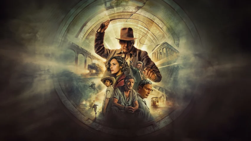Bannière du film Indiana Jones et le Cadran de la destinée avec Harrison Ford, Phoebe Waller-Bridge, Karen Allen, Mads Mikkelsen et Boyd Holbrook.