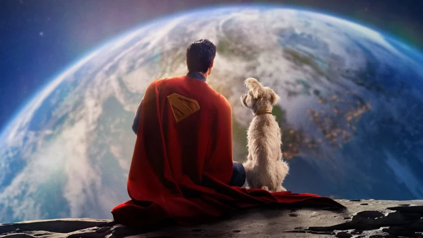 Bannière du film Superman (2025) avec David Corenswet et Krypto.