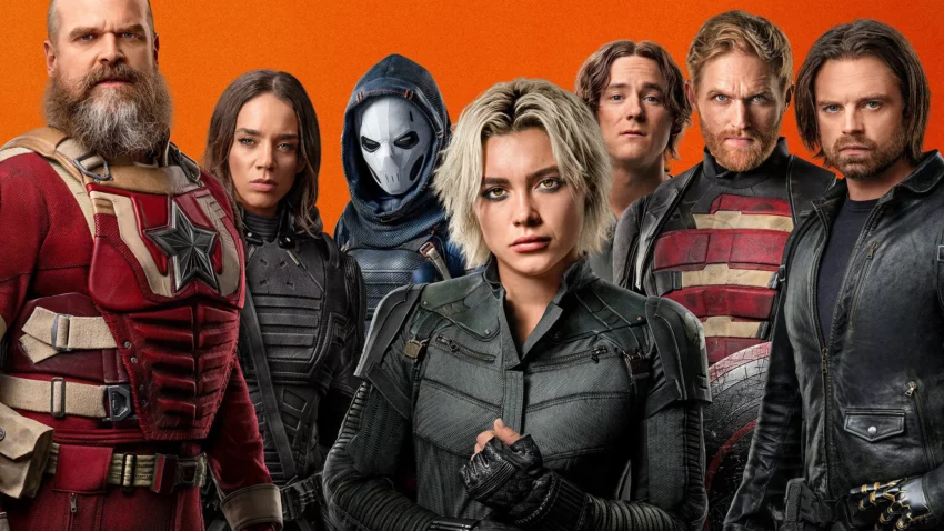 Bannière du film Thunderbolts* avec Florence Pugh, Lewis Pullman, Sebastian Stan, Olga Kurylenko, Hannah John-Kamen, David Harbour, Julia Louis-Dreyfus et Wyatt Russell.