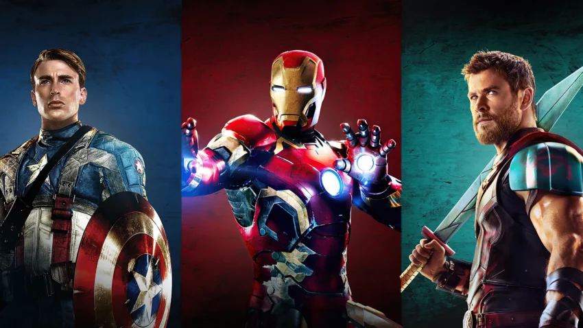 Bannière des personnages iconiques de Marvel Studios : Captain America, Iron Man et Thor.