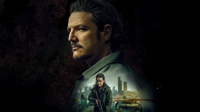 Bannière de la saison 2 de The Last of Us avec Pedro Pascal, Bella Ramsey, Gabriel Luna, Isabela Merced, Young Mazino.