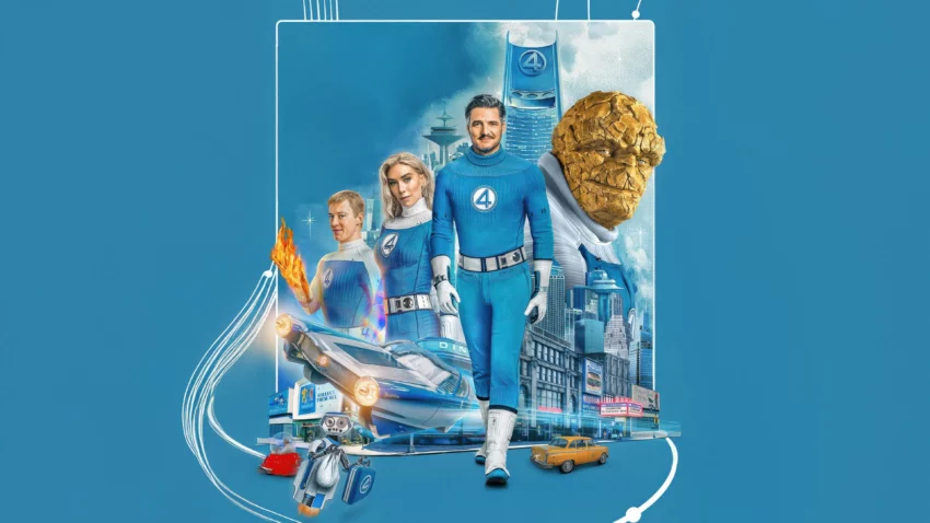 Bannière du film Les 4 Fantastiques : Premiers pas avec Pedro Pascal, Vanessa Kirby, Joseph Quinn et Ebon Moss-Bachrach.