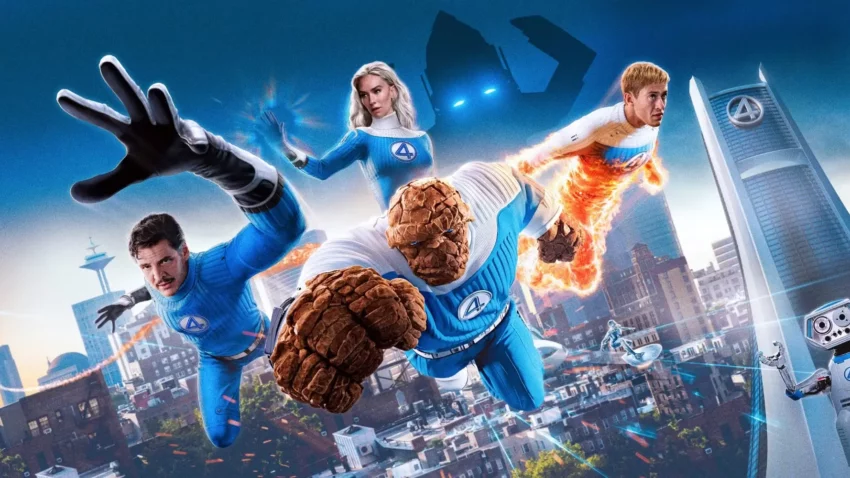 Bannière du film Les 4 Fantastiques : Premiers pas avec Pedro Pascal, Vanessa Kirby, Joseph Quinn et Ebon Moss-Bachrach.