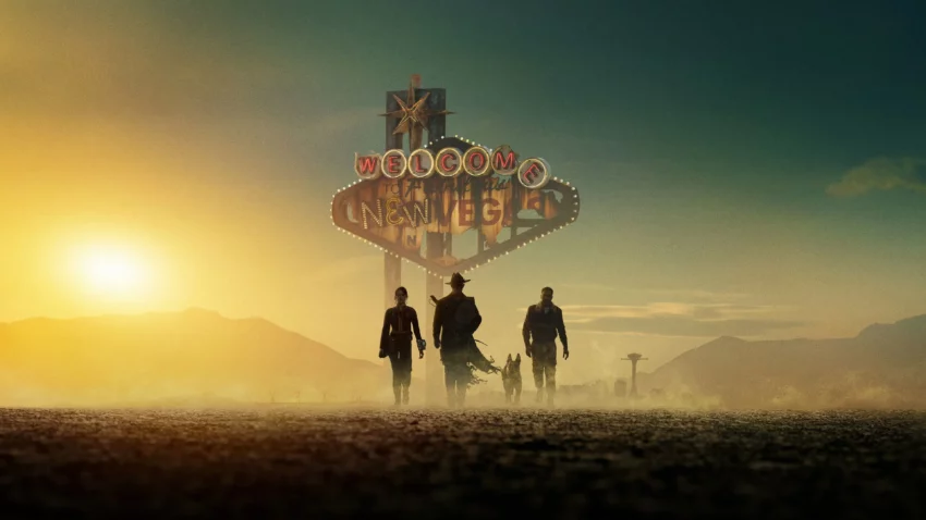 Bannière de la saison 2 de la série Fallout avec Ella Purnell, Aaron Moten et Walton Goggins.